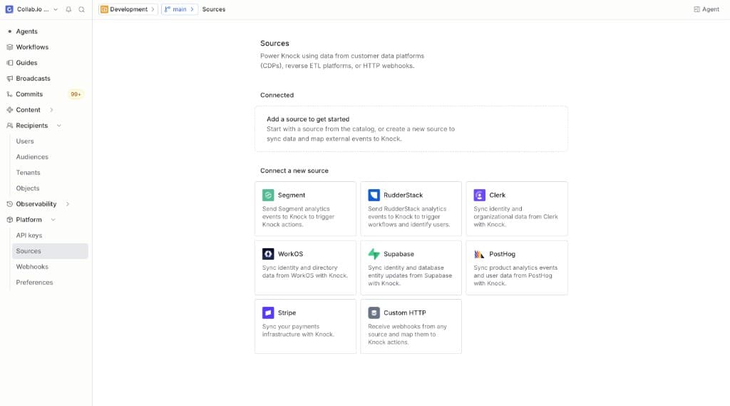 A screenshot of where to find the Platform - Sources page in the Knock dashboard